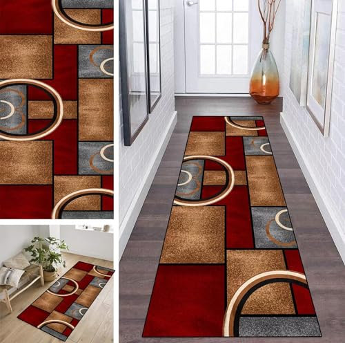 Alfombra larga de poliéster para pasillo, cocina, antideslizante, 3D, personalizable, lavable, para dormitorio, salón, venta por metro, rojo, marrón y gris, 120 x 450 cm