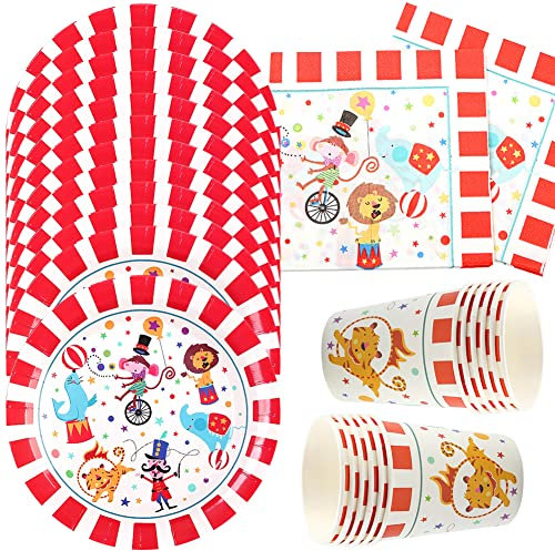 HGSHUO Zirkus Partygeschirr Kindergeburtstag Deko Geburtstag Party Geschirr Pappteller Becher Servietten Tiere Tischdeko Clown Karneval Urlaub Geburtstagsparty 12 Gäste