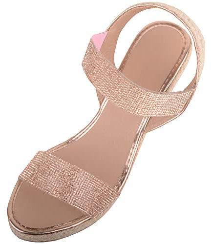 ABSOLUTE FOOTWEAR Womens Elasticated Diamante Summer Holiday Wedged Woven Heel Sandals - Rose Gold - UK 6 / EU 39