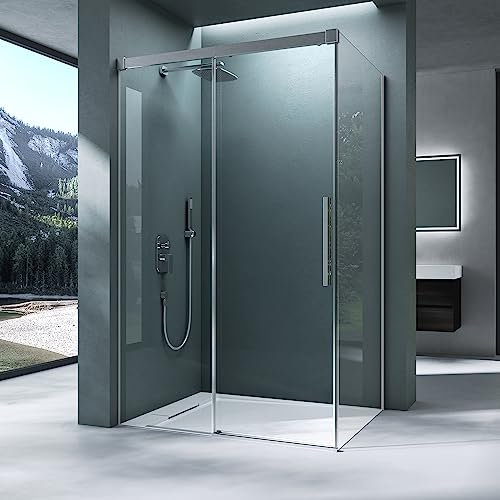 Mai & Mai cabine de douche en angle paroi de douche avec porte coulissante 90x100cm verre transparent de 6mm avec revêtement nano easy clean RAV12