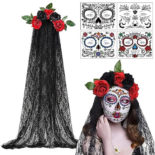 Tag Der Toten Haarreif Halloween,Mexikanischen Stirnband mit Rosen Und Schleier,4Pcs Day of The Dead Temporäre Tattoo,Halloween Schleier Haarband,Fürhalloweenkostüm,Festival Karneval Halloween Party