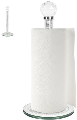 Hebaogugu Crystal Roll Holder, Silver Paper Towel Holder, Glass Diamonds Tissue Dispenser, Toilet Freestanding Holder with Round Base, Paper Towel Stand for Kitchen, Bathroom (Round/Silver)