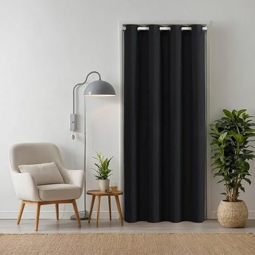 tinycurtains, Türvorhang mit Teleskopstange, einfache Montage in nur 1 Minute ohne Bohren (Türgardine schwarz H210 x B150 cm + Stange weiß B70-120 cm)