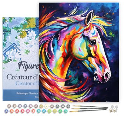 Figured'Art Peinture par Numéro Adulte avec Cadre Cheval Coloré Abstrait - Activité Manuelle Kit de Loisir Créatif DIY Numéro d'Art Complet Animaux - 40x50cm toile tendue sur châssis