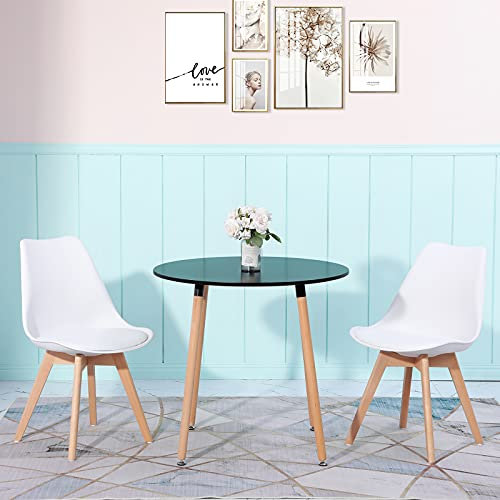 LafeuR Esstisch mit 2 Stühlen Essgruppen, Esszimmergruppe Küchentisch-Set für 2 Personen Sitzgruppe für Wohnzimmer Küche Büro(Runder Schwarz Tisch + 2 Buche Weiß Stühl)