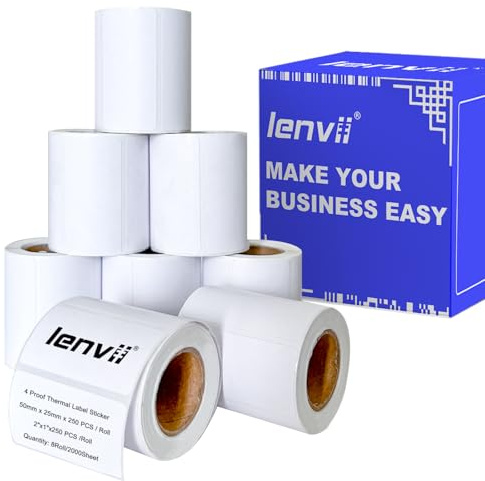 LENVII 50mm x 25mm (2 x 1) Synthetische Thermoetiketten 2000 Etiketten | 8 Rollen × 250 Stück,Reißfest/wasserfest/ölbeständig/kratzfest Mehrzweck-Klebeetiketten,Thermo Etiketten Für Etikettendrucker