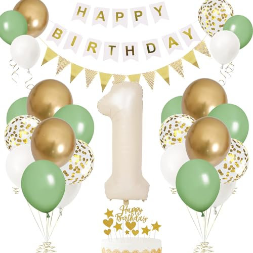 1. Geburtstag Deko Beige, Luftballon 1. Creme, Weiß Creme Folienballon 1, Mädchen 1 jahre Luftballon deko Sandweiß, Zahl 1 Helium Luftballons Salbeigrün Weiß Ballons für Geburtstag Party Deko