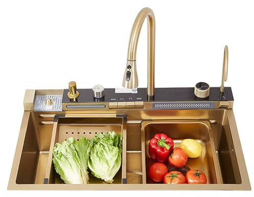 CHEMYO Fregadero de Cocina en Cascada, Fregadero Multifuncional Inteligente Dorado, Fregadero con Pantalla Digital de Acero Inoxidable 304 con Grifo Integrado