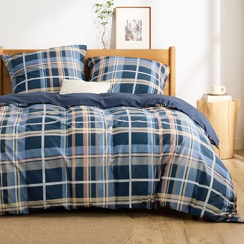 BEDSURE Bettwäsche 220x240 Baumwolle Bettbezug - Bettwäsche-Sets 220 x 240 cm 3teilig mit 2 Kissenbezüge 80x80 cm, ÖKO-TEX Wendebettwäsche Bedding mit Reißverschluss Blau Kariert Muster