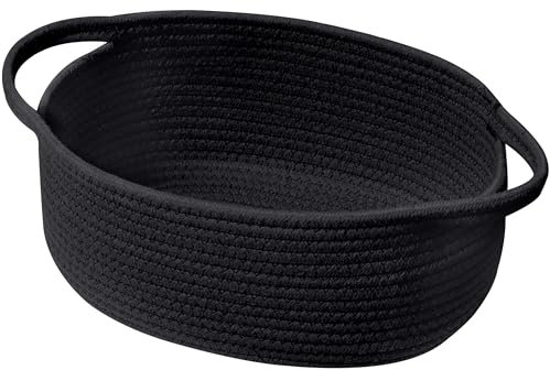 UBBCARE Kleiner gewebter Korb für Geschenke, Baumwollseil Aufbewahrungskorb für Regal, Geschenkkörbe leer mit Griff, Hundespielzeugkorb zum Organisieren, schwarzer Babykorb für Kinderzimmer (30,5 x