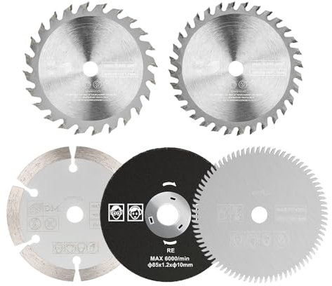 BALUGAEA 5 Stück 85mm Kreissägeblatt Set Mini Mini-Handkreissägen-Zubehör HSS/TCT Sägeblatt Diamant-Trennscheibe Kreissägeblätter für Holz/Metall/Kunststoff Innendurchmesser 15mm