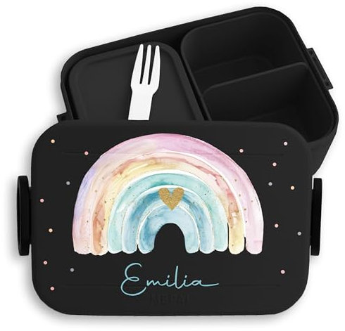 Bento Box Midi für Mepal Bentobox - Kinder Brotdose mit Regenbogen Lunchbox Regenbogenmotiv mit Namen personalisierte Brotbox Kindergarten Geschenk Grundschule I - 900 ml - Schwarz - mädchen
