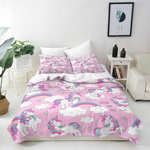 ANHOPE Einhorn Bettwäsche Set 2 Teilig Cartoon Regenbogen Einhorn Bettbezug 135x200 cm + Kissenbezug 80x80 cm Weich Microfaser Bettbezüge mit Reißverschluss Ganzjahres Bettdeckenbezug Set