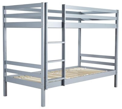 Home Source Single Kids Bunk Bed With Ladder, 3ft Children's Solid Pine Frame, Grey