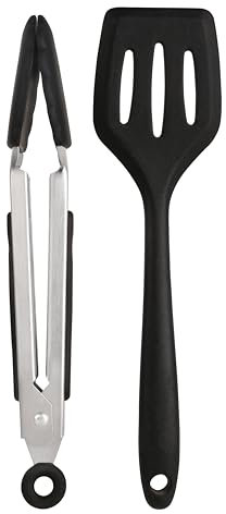 Wiltshire Silicone Mini Kitchen Tongs & Turner, Set of 2, Serving Spatula & Cooking Tongs, Salad BBQ Tongs Stainless Steel, Fish Slice, Heat-Resistant Utensil, Non-Stick, Non-Scratch, Midnight Black
