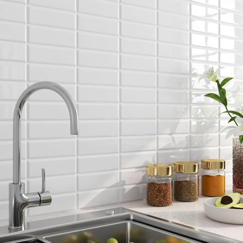 FunStick 30×30CM 30 Pcs White Peel and Stick Tiles for Kitchen Stick on Wall Tiles 3D Bathroom Self Adhesive Tile Waterproof 3D White Splashback Tile Stickers for Bathroom Kitchen Fireplace RV Walls