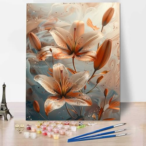 Lis Peinture par Numéros pour Adulte, Peinture Numero Adulte Kit de Peinture à l'huile sur Toile Bricolage pour Enfant avec pinceaux Peinture de Dessin de Pigment Acrylique 40x50cm Fleur L-0
