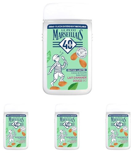 Le Petit Marseillais | Crème de Douche Extra Douce Lait d'Amande Douce Bio (flacon de 250 ml) – Gel douche avec 92% d'ingrédients d'origine naturelle – Édition limitée 40 ans (Lot de 4)