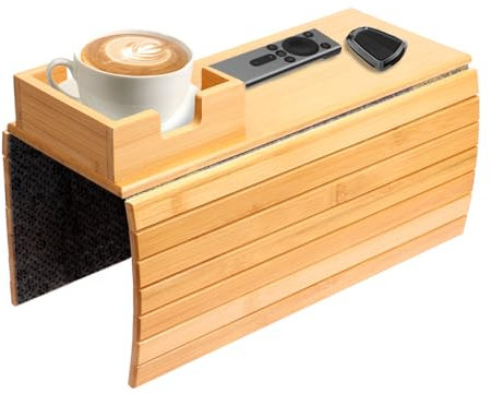 LuLobtg Sofa Armrest Tray, Foldable Wooden Couch Arm Tray with Cup Holder, Anti-Slip Sofa Arm Table, Couch Armrest Organizer for Snacks, Cellphone, Remote Control, Drinks Cups