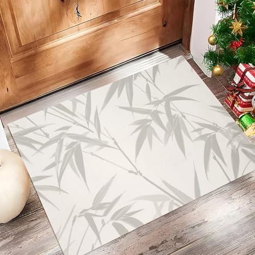 MULERN Nature Plantes Paillasson Intérieur 60x90cm, Gris Feuilles De Bambou Tapis d'entrée Antidérapant et Absorbant, Résistant, Lavable, Tapis Entrée pour Porte Couloir, et Balcon, Blanc cassé