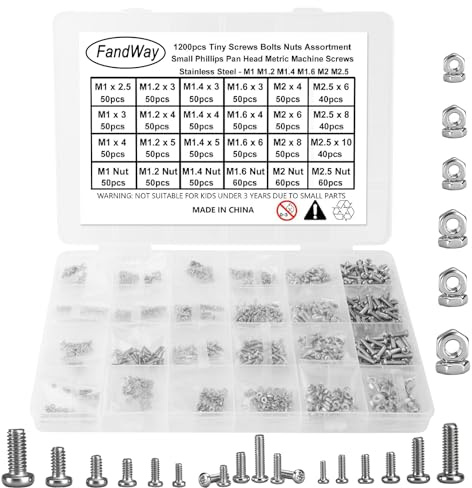 1200 Piezas Tornillo y Tuercas Pequeños,Mini Tornillos de Máquina M1 M1,2 M1,4 M1,6 M2 M2,5 Tornillos Minúsculos de Cabeza Redonda Phillips Acero inox 304 para Reparación Gafa Reloje Teléfono.
