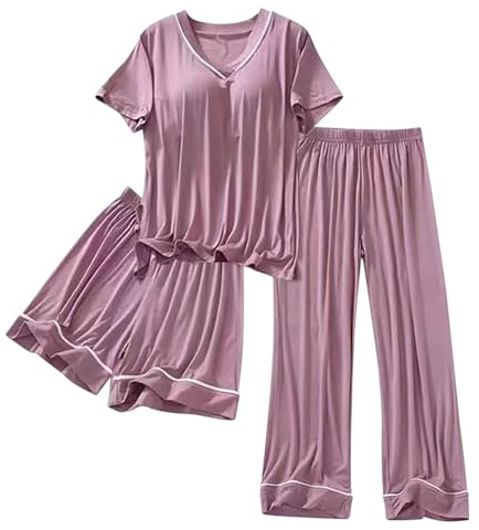 Pyjamas Sets For Women 3 Piece Short Sleeve Sleepwear Pj Set Padded Bra Top and Shorts Long Pants Pjs Summer Autumn Lounge Sets Dark Purple