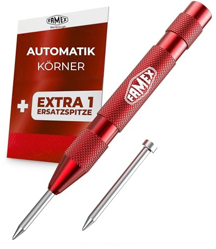 FAMEX Automatischer Ankörner 50-100 N, Spitze aus HSS-Stahl, 130 mm, aus Federkörner mit 1 Ersatzspitze, Automatikkörner gerändelt, robuste langlebige Ausführung, für Metall, Holz, Stein, Kunststoff