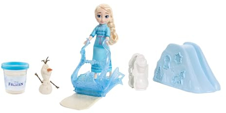Mattel Disney Frozen ELSA Puppe mit Knetzubehör Set | Bewegliche Elsa Puppe (14 cm) im Nachthemd mit Knetmasse, Olaf Form, Eisschlitten und Schneehügel Zubehör, JJP87