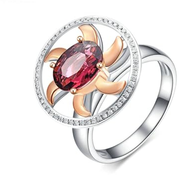 Homxi Donna Anello Fidanzamento 14K Oro Bianco, Mulino a Vento e Ovale con Tormalina Rossa da 1,283ct e Diamante, Anelli Donna in Rosso Argento Eternity, Misura 17(57mm)