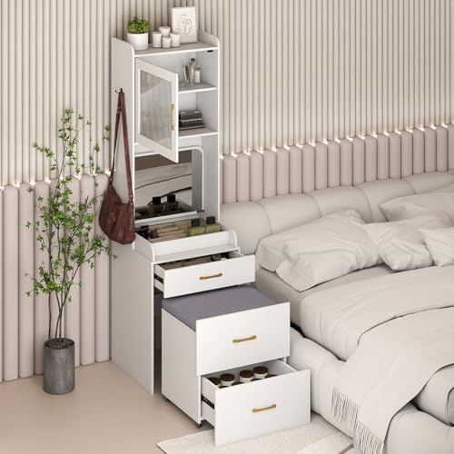 COSTWAY Small Dressing Table with Flip Up Mirror and Cushioned Storage Stool, 52cm Compact Bedroom Makeup Table Vanity Desk Set with Charging Station, Drawers, Cabinet, Adjustable Shelf & Hooks, White
