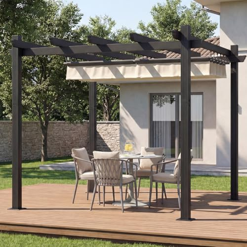 TRIUMPHKEY Pergola Pavillon 3x3m wasserdicht stabil Winterfest, Gartenpavillon Aluminium mit Schiebedach, Sonnenschutz für Garten Terrasse & Balkon, Beige