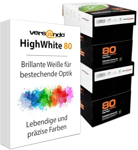 versando 5.000 Blatt Druckerpapier A4 hochweiß CIE161 Premium Kopierpapier (10x 500 Blatt HighWhite 80) strahlende Farben, klare Schrift, PEFC zertifiziert