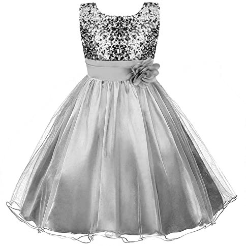 Discoball Girls Dresses Sequin Tulle Flower Princess Dress for Pageant Birthday Party Wedding Bridesmaid for 3-12 Years Silver
