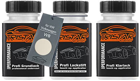 TRISTARcolor Autolack Lackstift Set für VW/Volkswagen W8 Perlmuttweiss Metallic/Perlmutt Weiss Metallic Grundlack Basislack Klarlack je 50ml