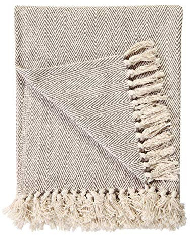 EHC 100% Natural Cotton Two Tone Herringbone King Size 3 Seater Throws for Sofa Bedspread,Settee Throw- 225 x 250cm