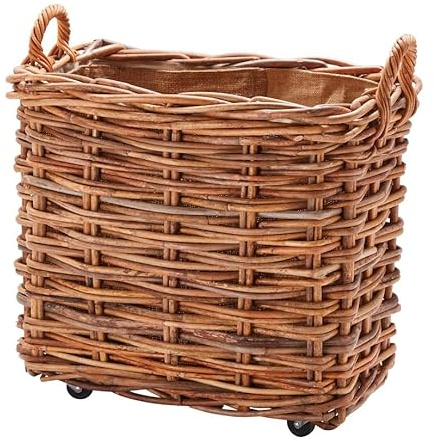 Wovenhill Bamboo & Rattan Log Basket with Wheels & Hoop Handles, Wicker Storage Basket, Handmade Woven Storage Organiser for Firewood, Blankets, Toys, Living Room, Bedroom & Home