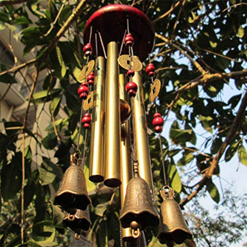 Chianrliu - Campanello a Vento, VI augura la prosperità: Incredibile Tradizionale Cinese, 4 Tubi in Bronzo, 5 Campane e Base in Legno, per Patio Esterno, Giardino e Decorazione Interna