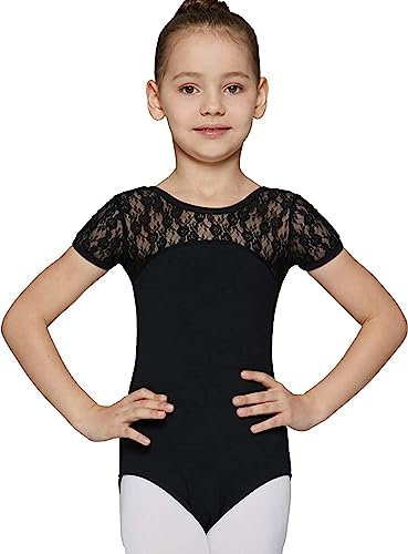 MdnMd Girls' Cap Sleeve Lace Neck Leotard With Bow Back Detail - Black - Large