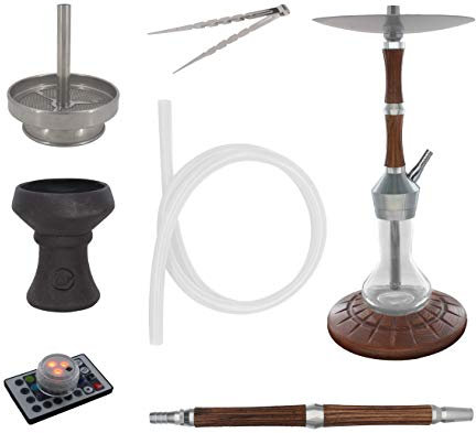 Skynet® ENZO Shisha Set Hookah 62cm Holz Wood Optik V2A Edelstahl + LED + Davinci Steinkopf | Wasserpfeife Komplett Silikonschlauch Holzmundstück Kaminaufsatz 18/8 Schliff schöne Bowl (Brown Cookie)