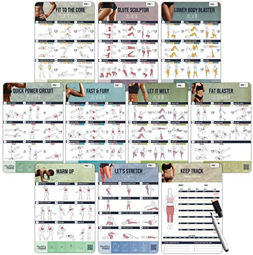 merka Workout-Poster für Damen zu Hause – Übungsroutine-Planer und löschbare/wiederverwendbare Gesundheits- und Fitness-Tabelle – entworfen von Frauen, ideal für Anfänger, Set mit 10 dicken