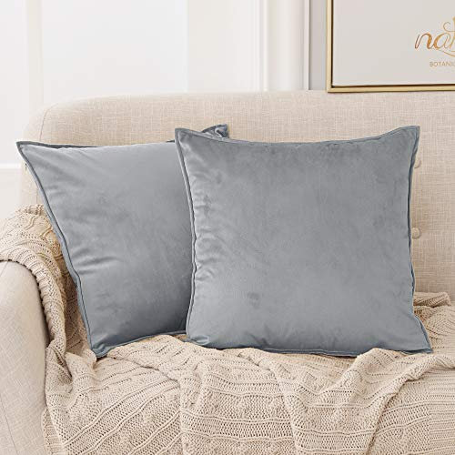 Deconovo Samt Kissenbezug Kissenhülle Flansch Kissenbezüge Zierkissenbezüge Sofakissen Dekokissen Wohnzimmer Wurfkissenbezug Kissenhüllen mit Verstecktem Reißverschluss, 50x50 cm, Grau, 2er Set