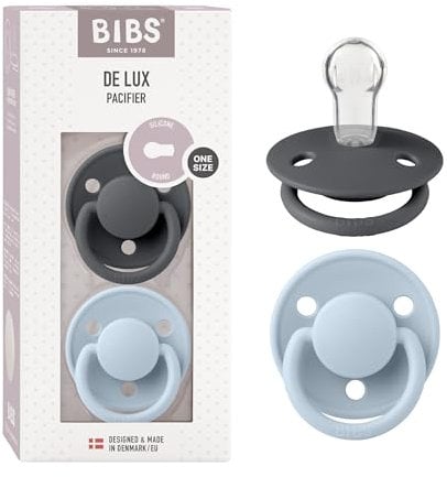 BIBS De Lux Schnuller 2er-Pack, BPA-frei, Kirschform Nippel. Silikon, Hergestellt in Dänemark. 0-36 Monate (2er Pack), Iron/Baby Blue