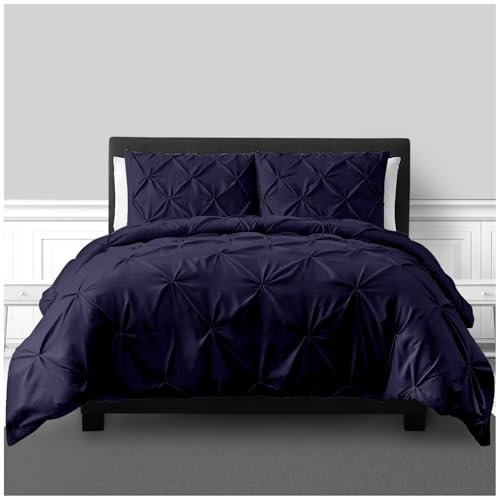 GC GAVENO CAVAILIA Pleated Bedding Set - Double Duvet Cover with Pillowcases - Luxury Pinch Pleat Ruched Quilt Cover, Easy Care Machine Washable Bed Linen, Hotel Style Bedroom Décor, Navy