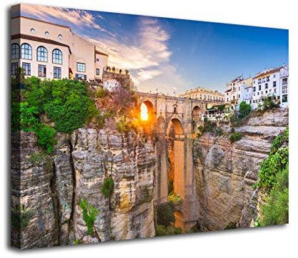 Generico Cuadro Lienzo Canvas Tajo de Ronda en Malaga Andalucia Puesta de Sol – Varias Medidas - Lienzo de Tela Bastidor de Madera de 3 cm - Impresion en Alta resolucion (100, 66)