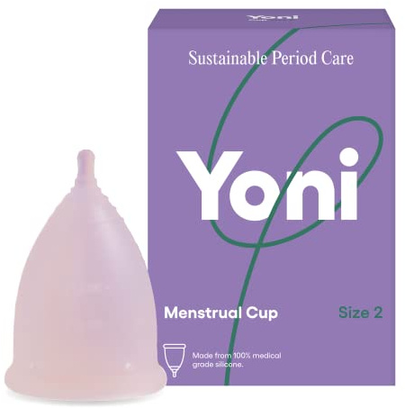 Yoni | Menstruationstasse mit Aufbewahrungsbeutel | Größe 2 | 100% medizinisches Silikon | Komfortabel und auslaufsicher | Hypoallergen | Wiederverwendbar und recycelbar