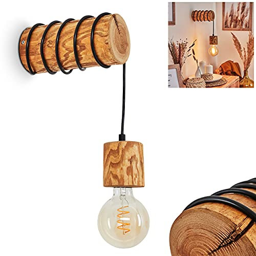Wandleuchte Canedo, moderne Wandlampe aus Holz in Natur gebeizt/Schwarz im skandinavischen Design, 1-flammig, 1 x E27, Wandspot im Retro/Vintage Design, ohne Leuchtmittel