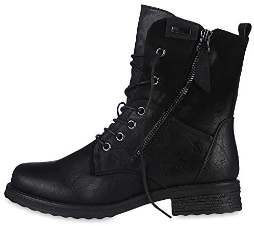 VAN HILL Damen Schnürstiefeletten Leicht Gefüttert Zipper Stiefeletten Blockabsatz Schnürer Schuhe 610437 Schwarz 38