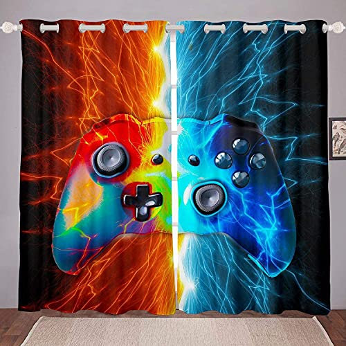 Loussiesd Jungen Spiele Blickdichte Vorhänge Blitz Gamepad Fenstervorhang 245x140cm Kinder Jugendliche Spleißen Videospiel Gamepad Vorhänge Spiel Regler Rot Blau