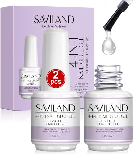 SAVILAND Gel Nail Glue: 2PCS 15ML Extra Strong Adhesive for False Nails & Acrylic Tips Base Gel Strengthen 30-Day Wear Professional Brush-On Nail Glue for DIY Art Home Use, Need UV Lamp Cured