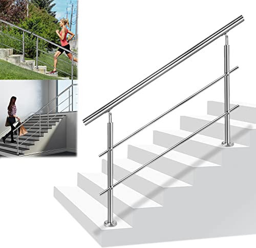 LZQ Corrimano in acciaio inox, ringhiera per scale, interni ed esterni, ringhiera in acciaio inox, ringhiera esterna per scale, parapetti, balcone, giardino (180 cm, con 2 barre trasversali)